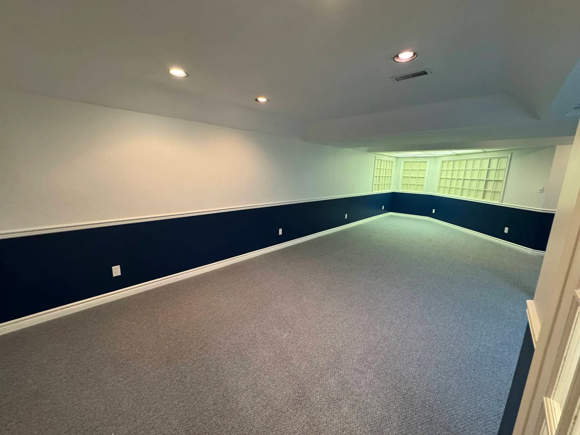 Finished basement with two-tone navy and white walls