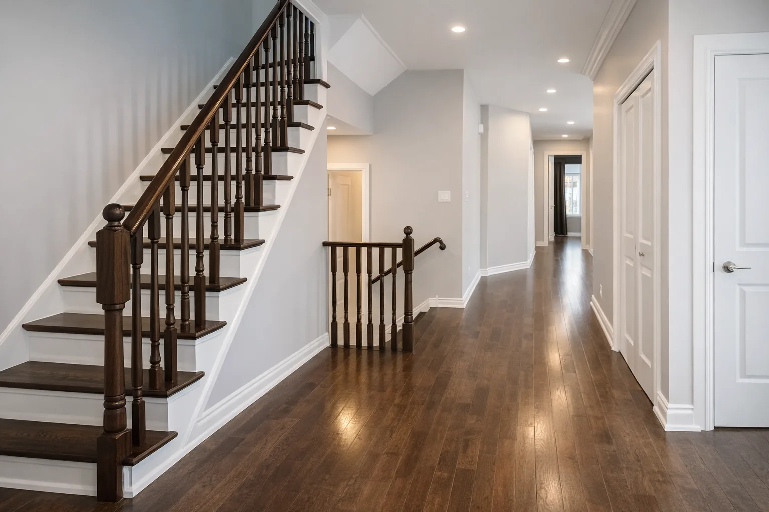 Finished staircase and hallway with freshly painted walls and trim